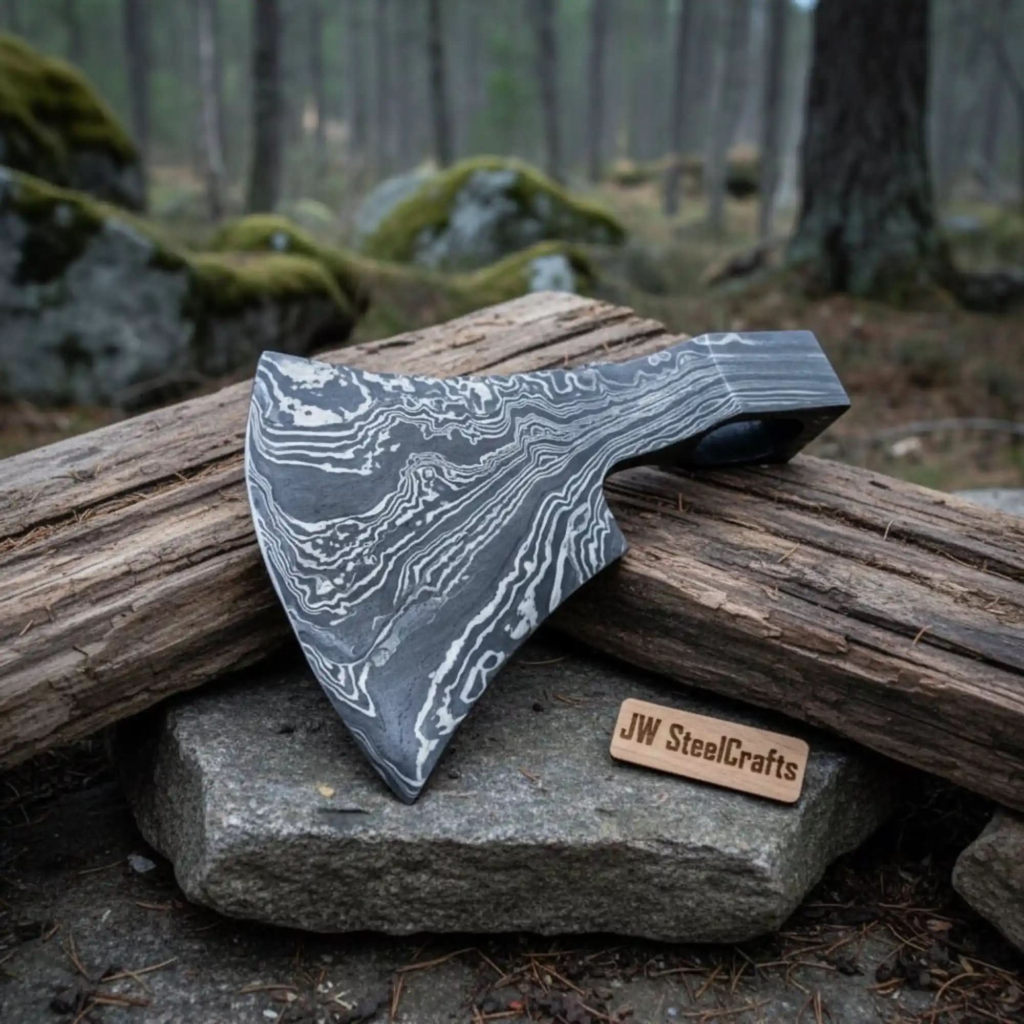 Custom Damascus Steel Axe Head Blank – Hand Forged Bearded Axe Blade for Handle Making | JW SteelCrafts