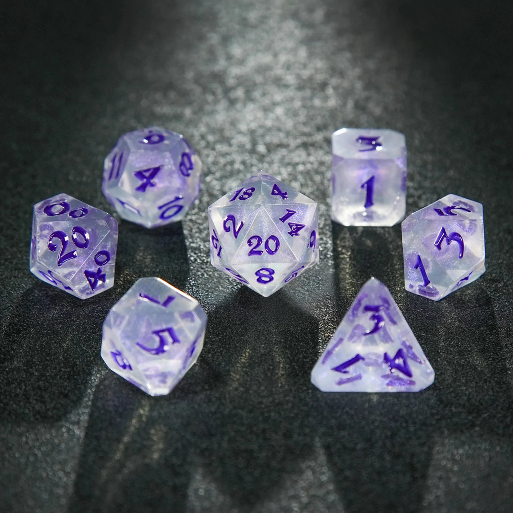 Transparent flat-angle acrylic polyhedron RPG dice set + purple liquid font