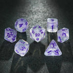 Transparent flat-angle acrylic polyhedron RPG dice set + purple liquid font
