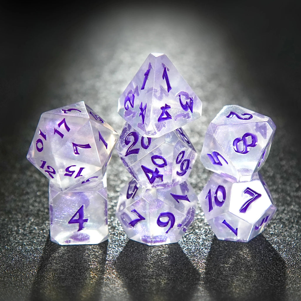 Transparent flat-angle acrylic polyhedron RPG dice set + purple liquid font