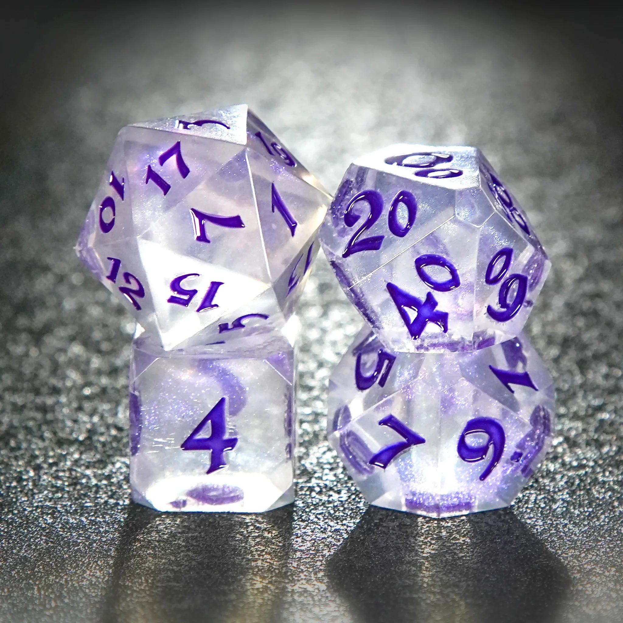 Transparent flat-angle acrylic polyhedron RPG dice set + purple liquid font