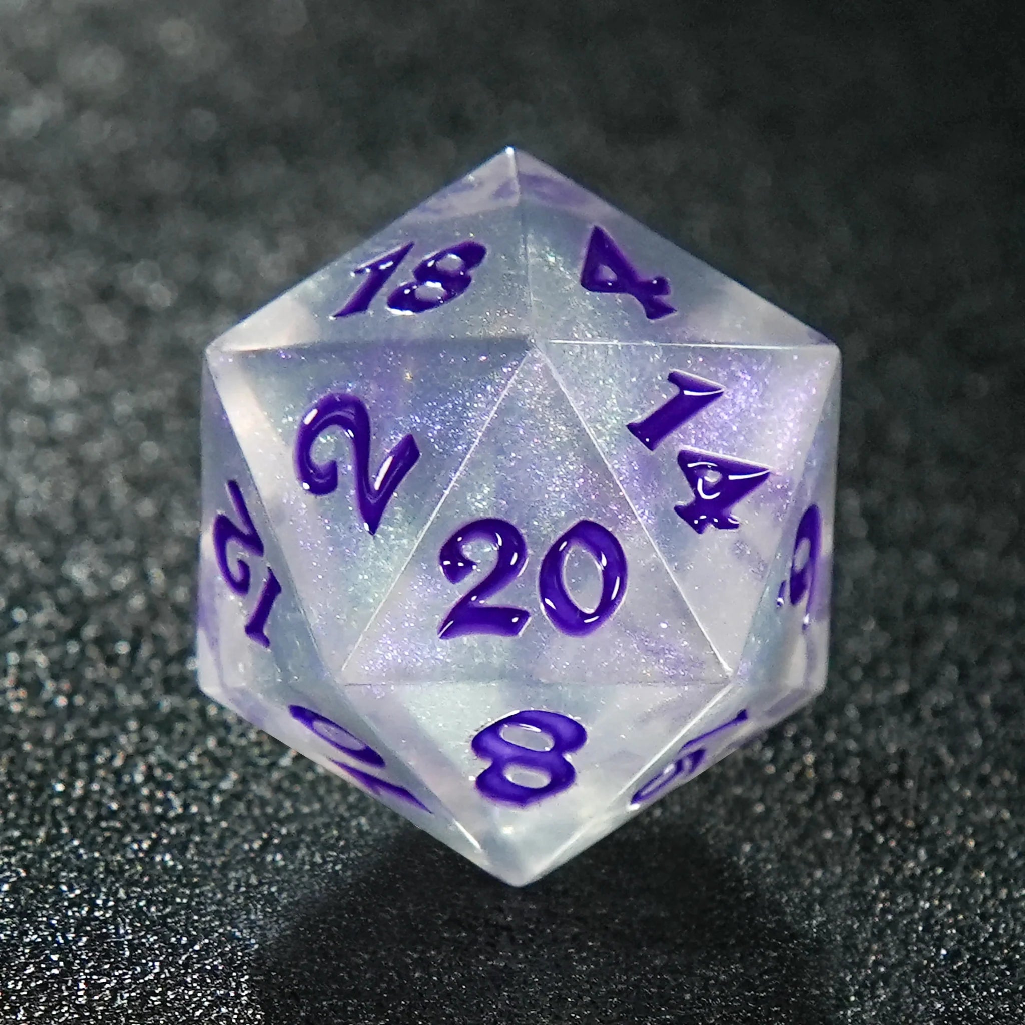Transparent flat-angle acrylic polyhedron RPG dice set + purple liquid font