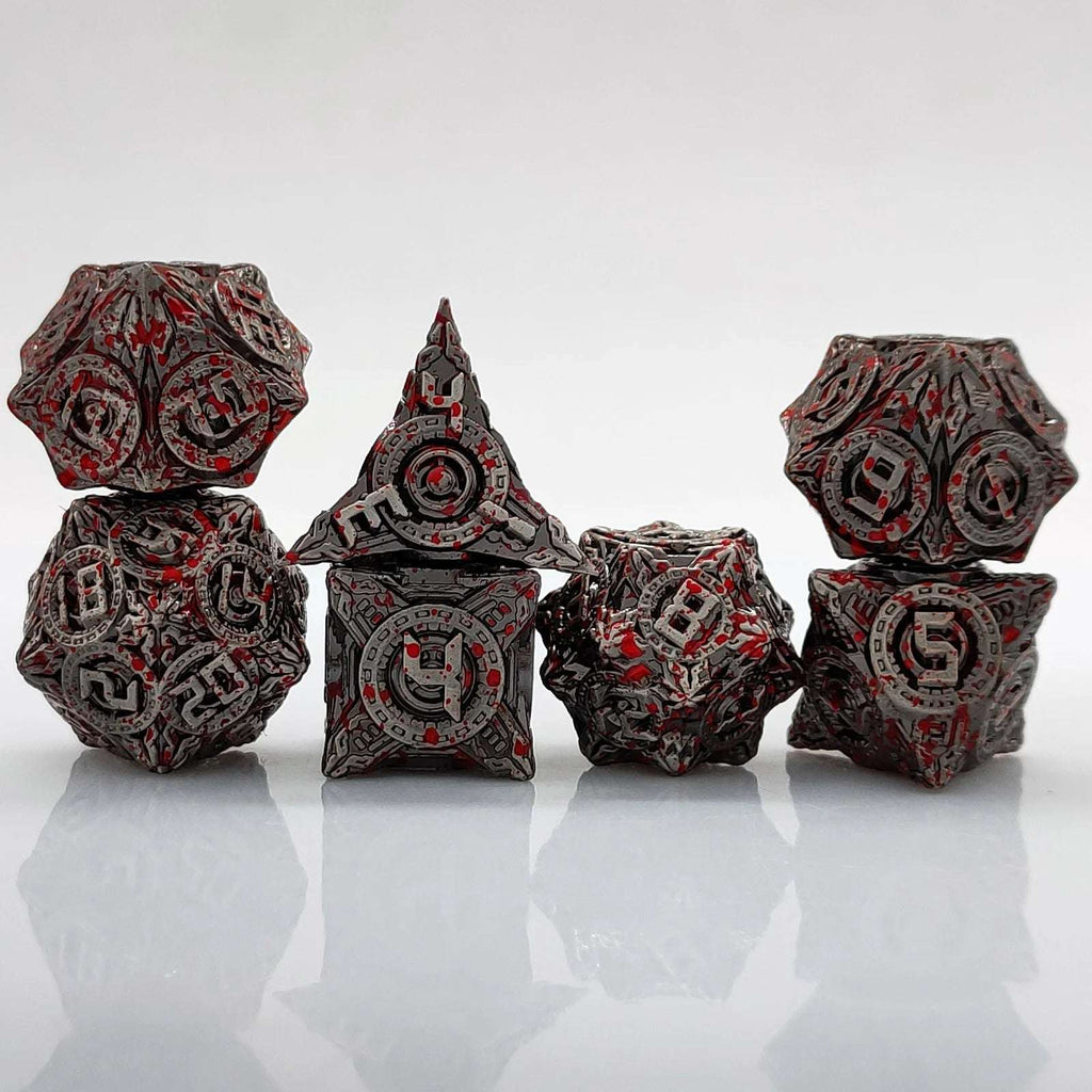 UFO mechanical style metal dice set with blood stains