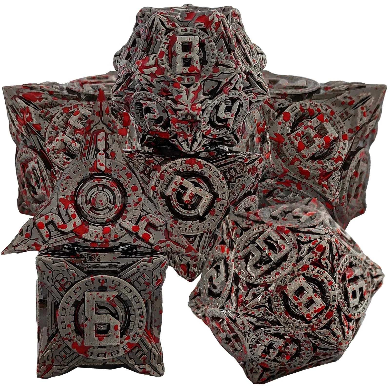UFO mechanical style metal dice set with blood stains