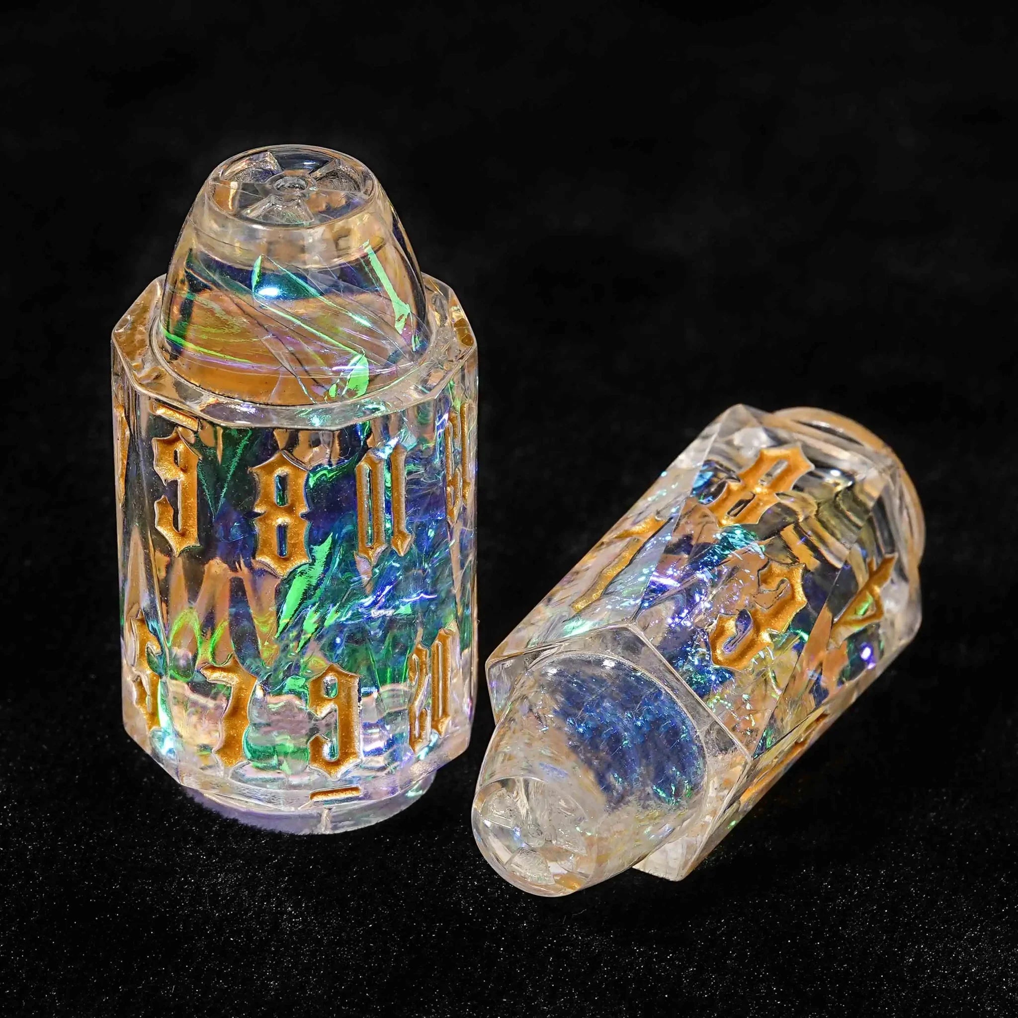 Unique Bullet Shaped Clear Resin DND Dice Set + Gold Characters