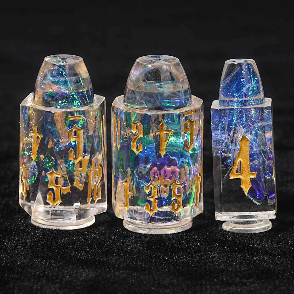 Unique Bullet Shaped Clear Resin DND Dice Set + Gold Characters