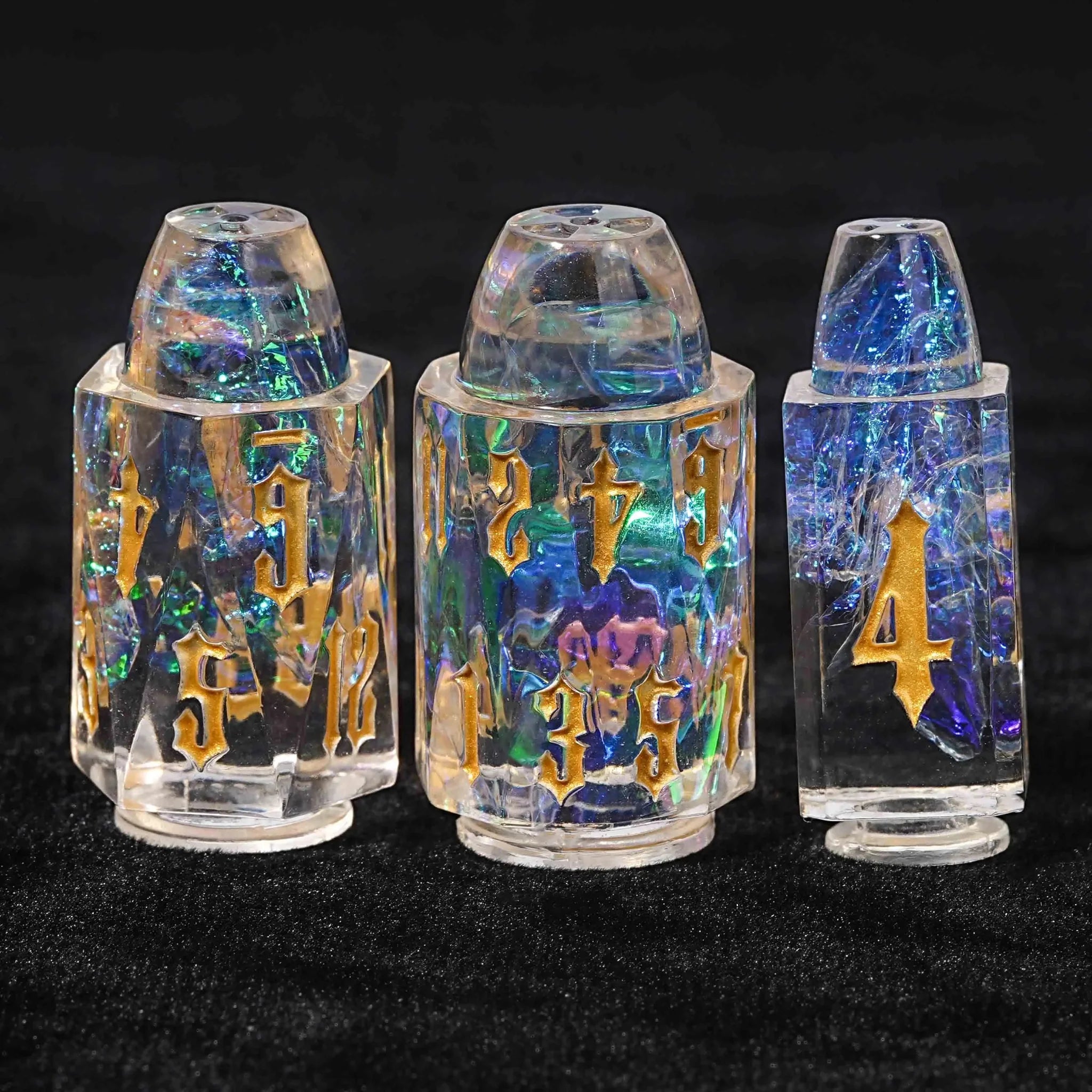 Unique Bullet Shaped Clear Resin DND Dice Set + Gold Characters