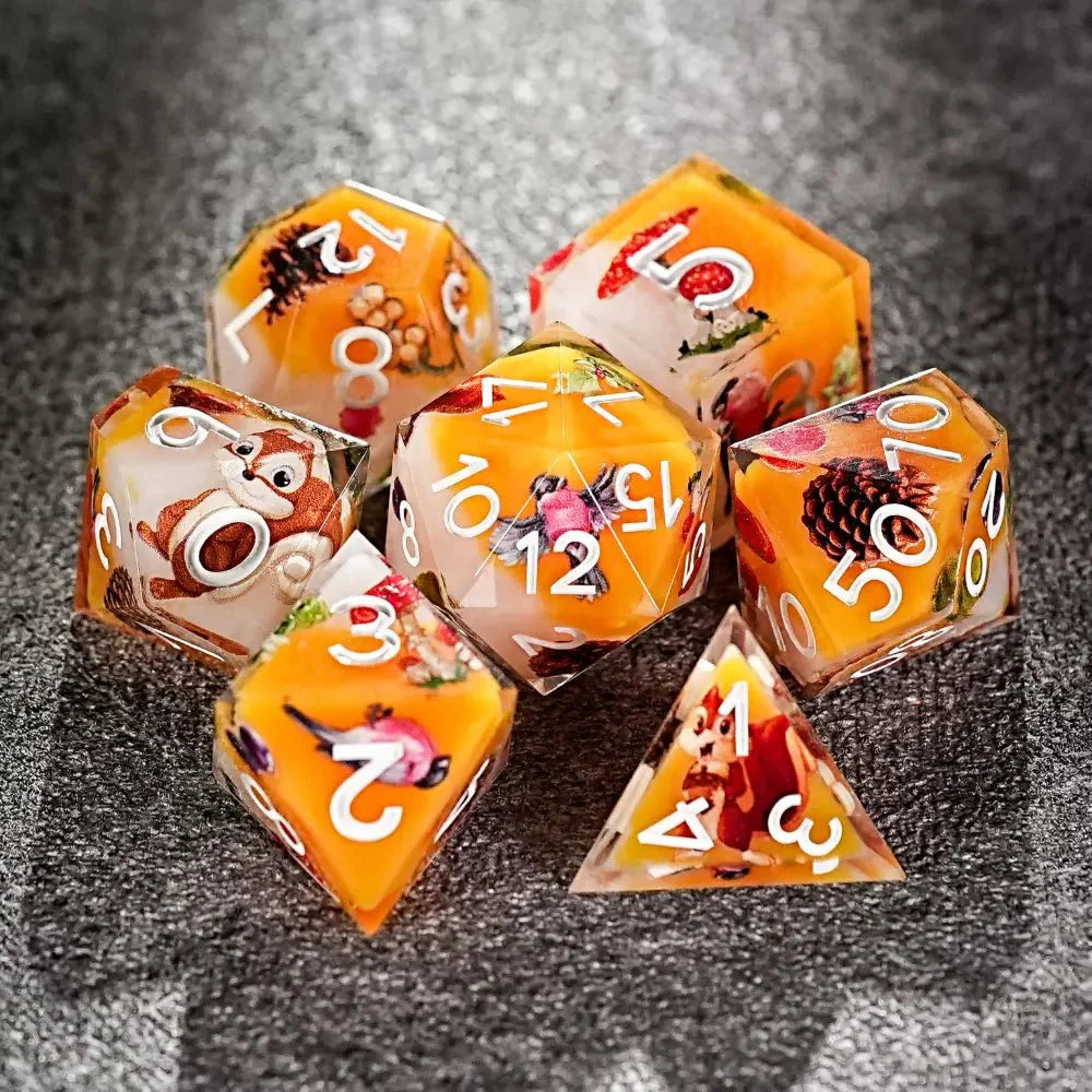 Unique forest themed polyhedron resin dice set