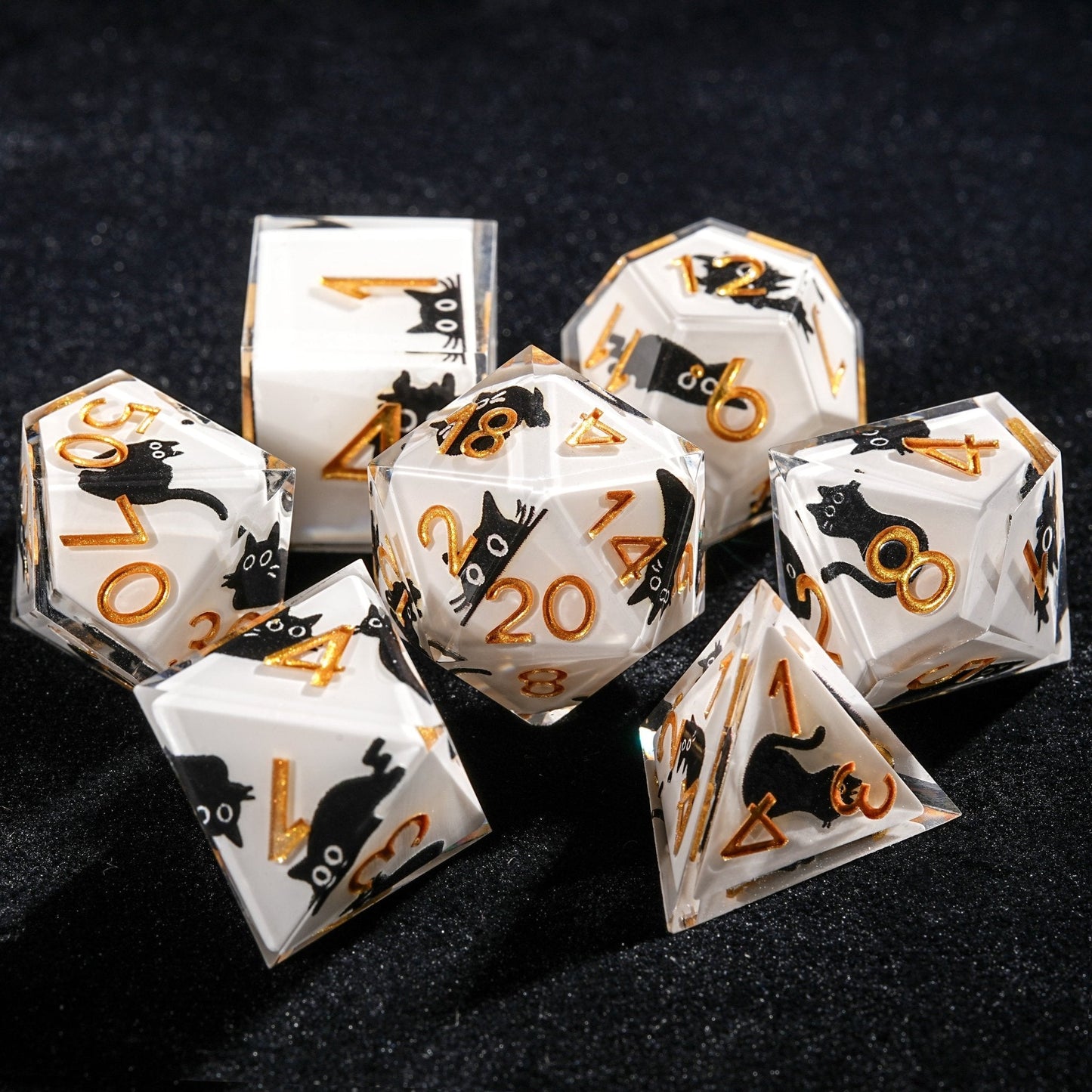 Unique White Resin Black Cat DND Dice Set + Gold Font