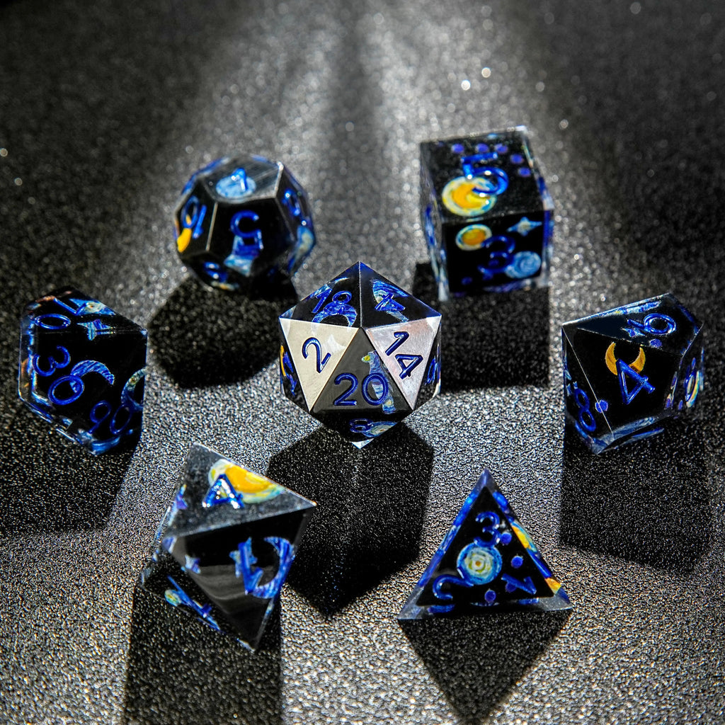 Van Gogh Dark Blue Resin DND Dice Set + Blue Font