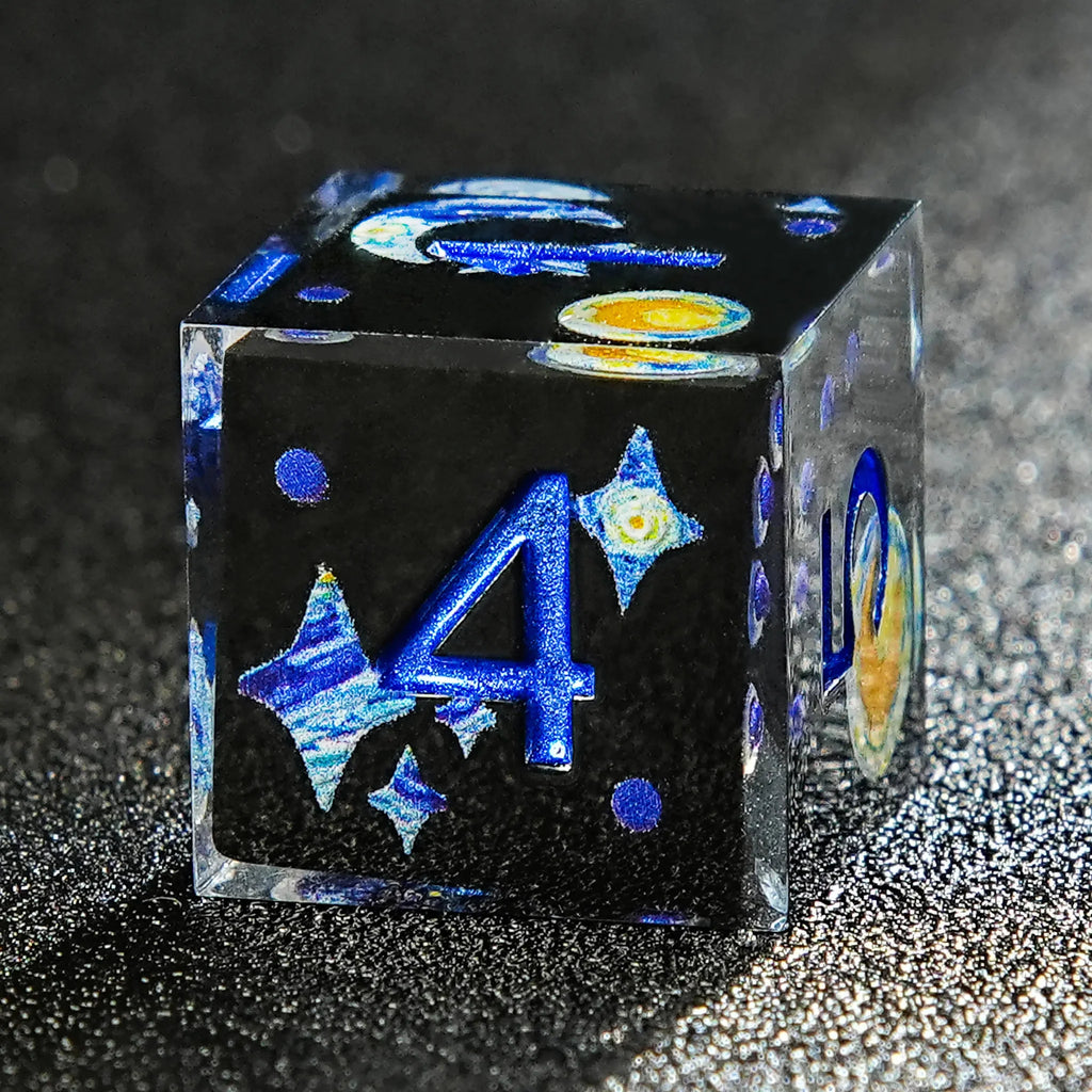 Van Gogh Dark Blue Resin DND Dice Set + Blue Font