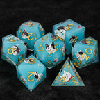 Vintage blues cat resin dnd dice set + gold numbers
