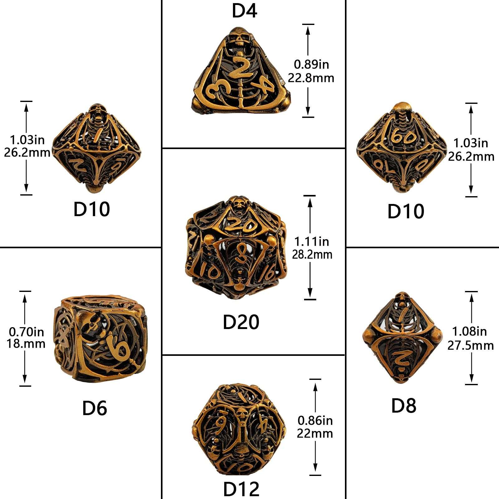 Vintage Brass Skull Metal Hollow DND Dice Set