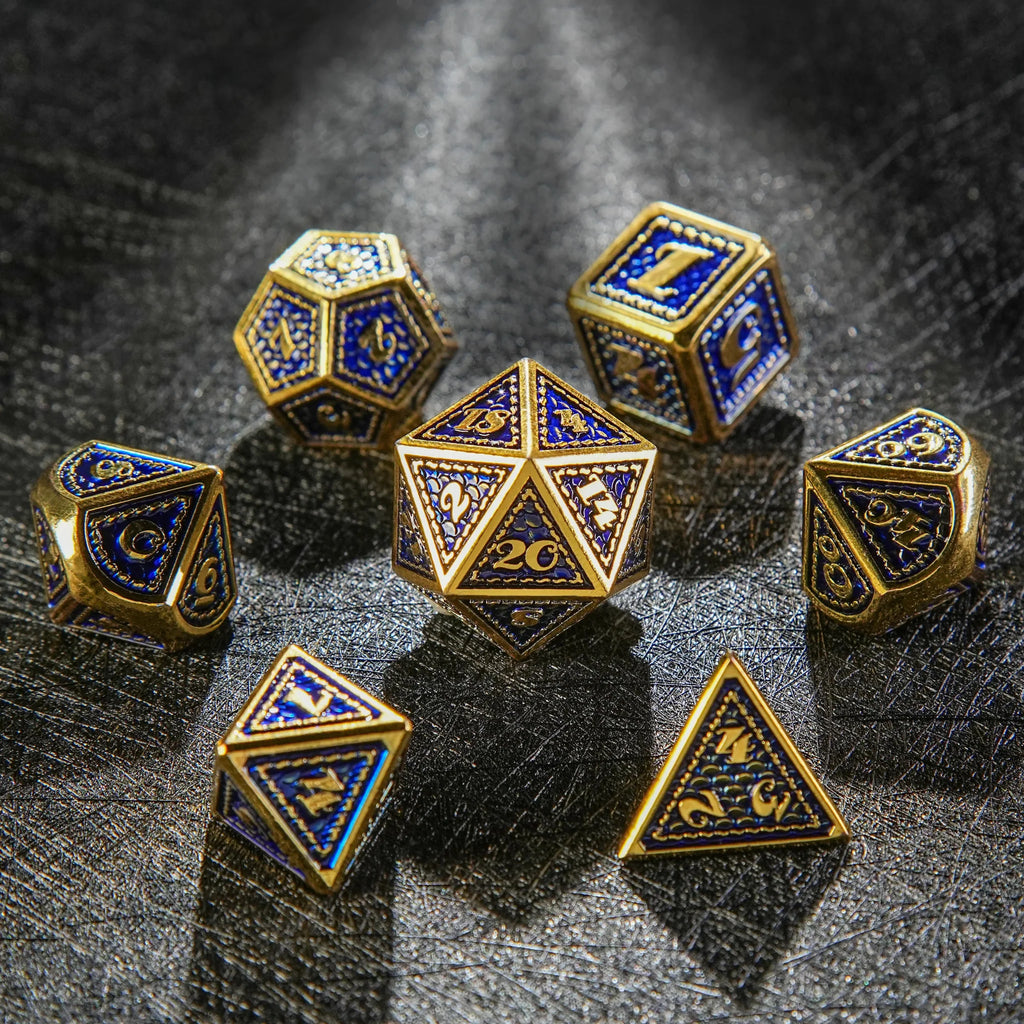 Vintage Luxury: Gold Blue Dragon Scale Metal DND Dice Set