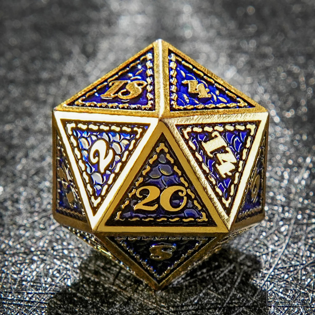 Vintage Luxury: Gold Blue Dragon Scale Metal DND Dice Set