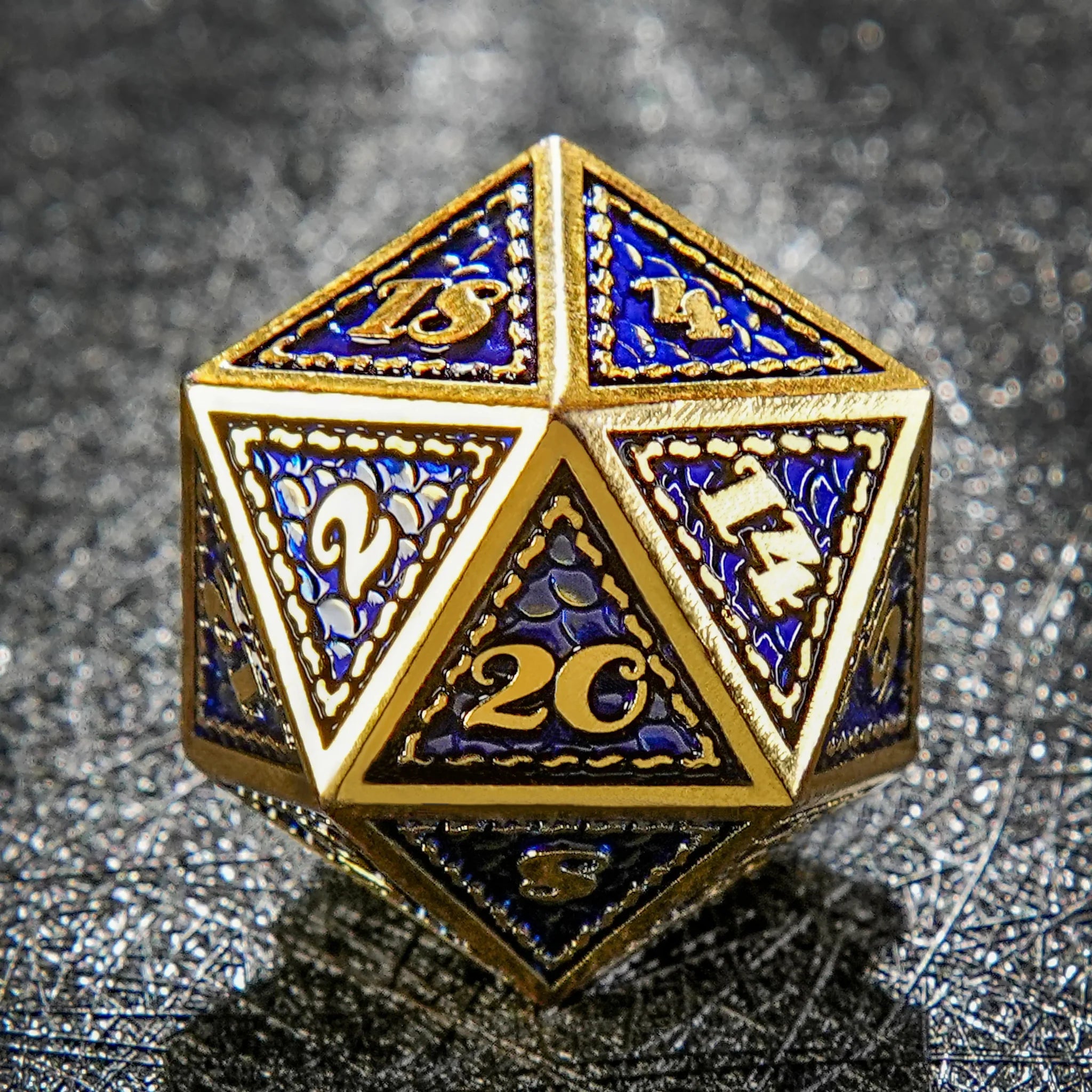 Vintage Luxury: Gold Blue Dragon Scale Metal DND Dice Set