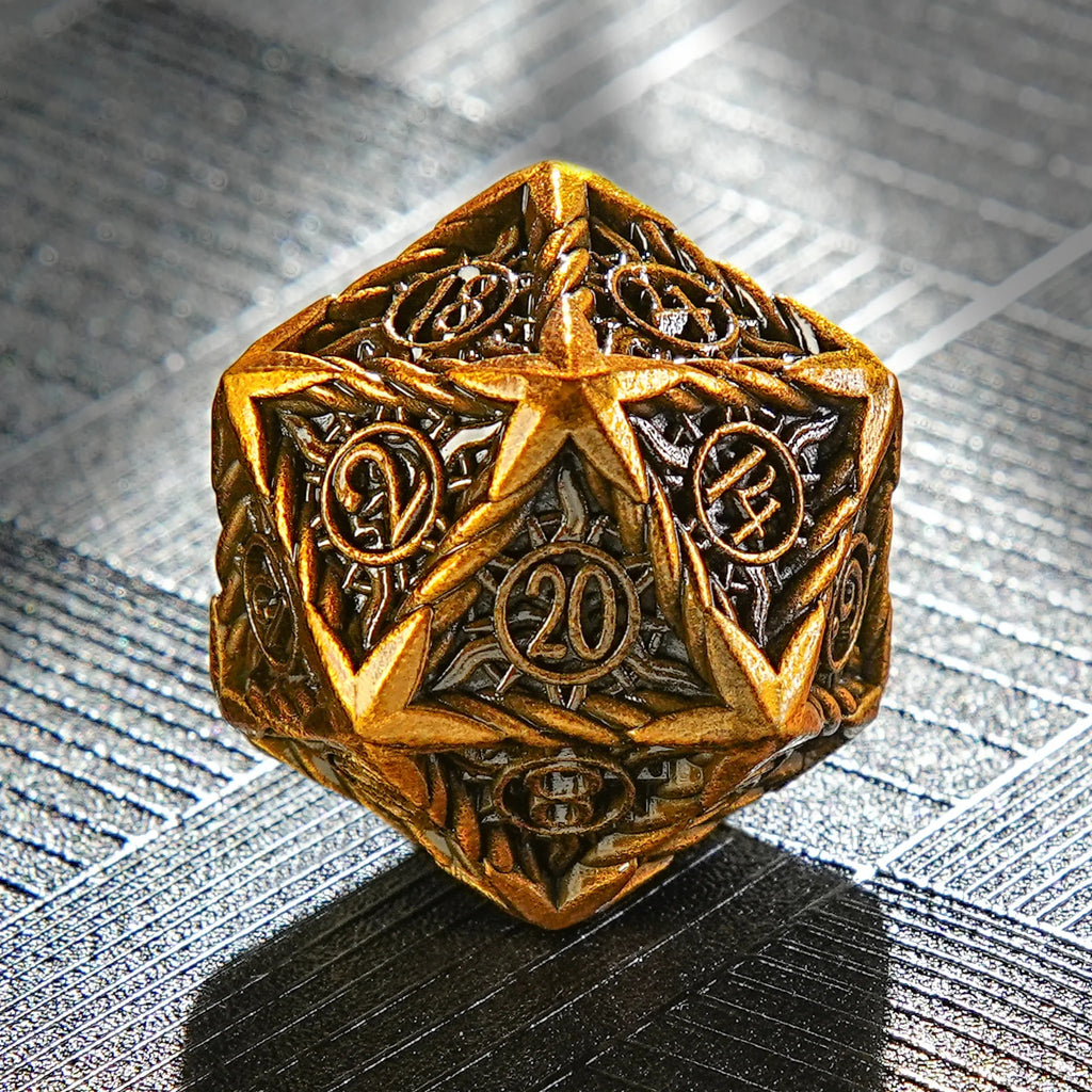 Vintage Sun Pattern Antique Gold Solid Metal RPG Dice Set
