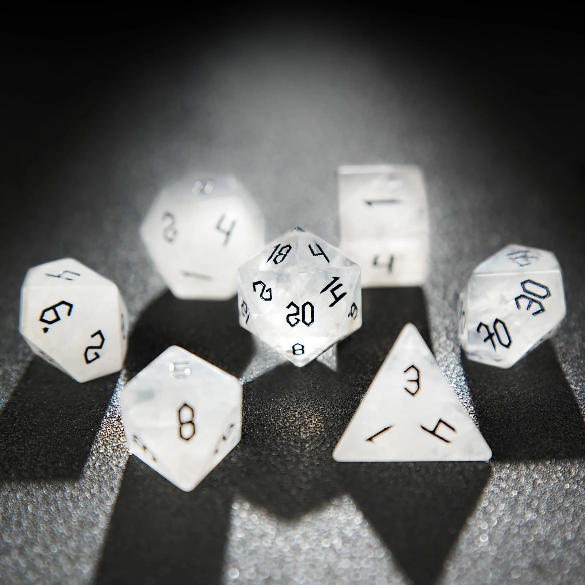 White crystal Black lettered gem D&D dice set