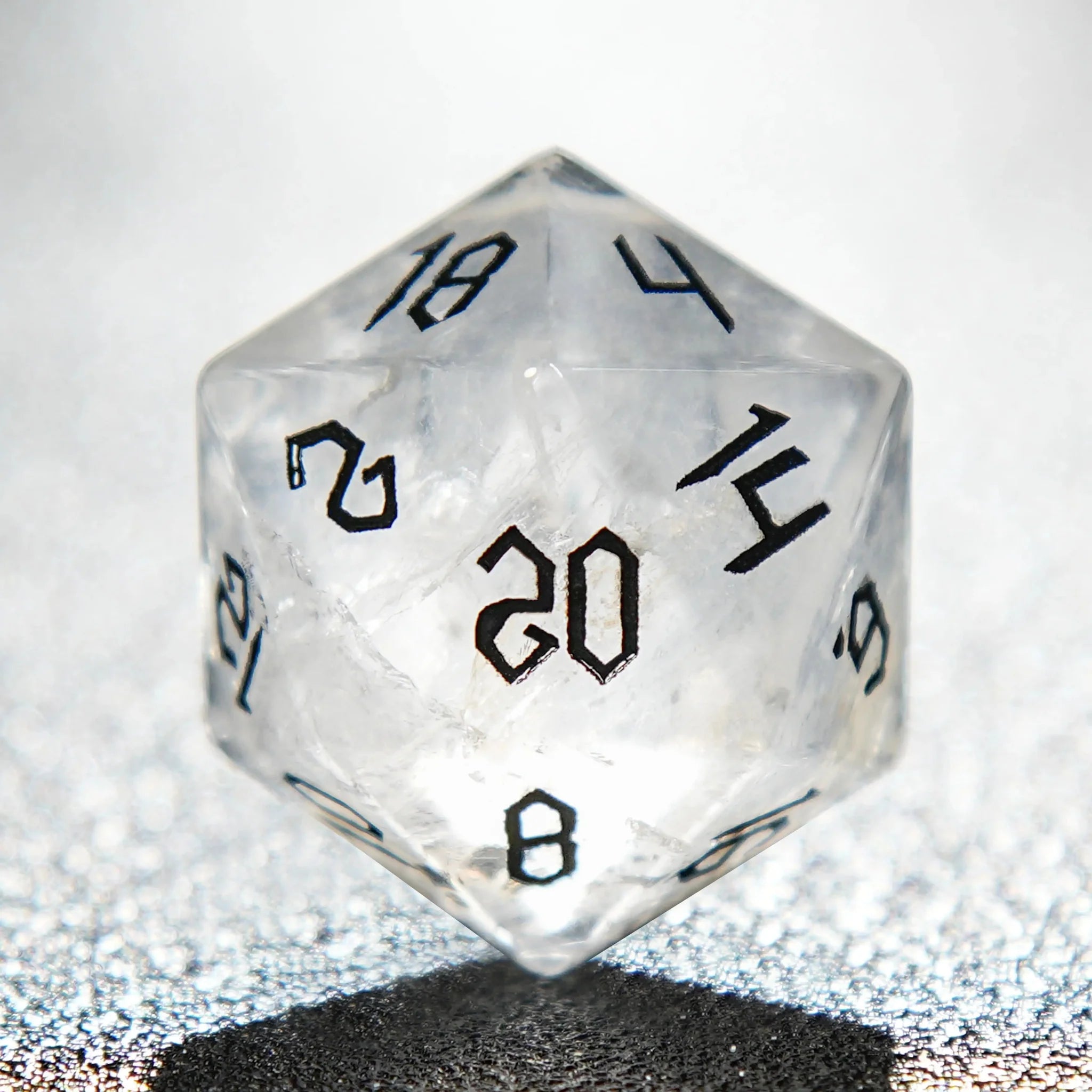 White crystal Black lettered gem D&D dice set