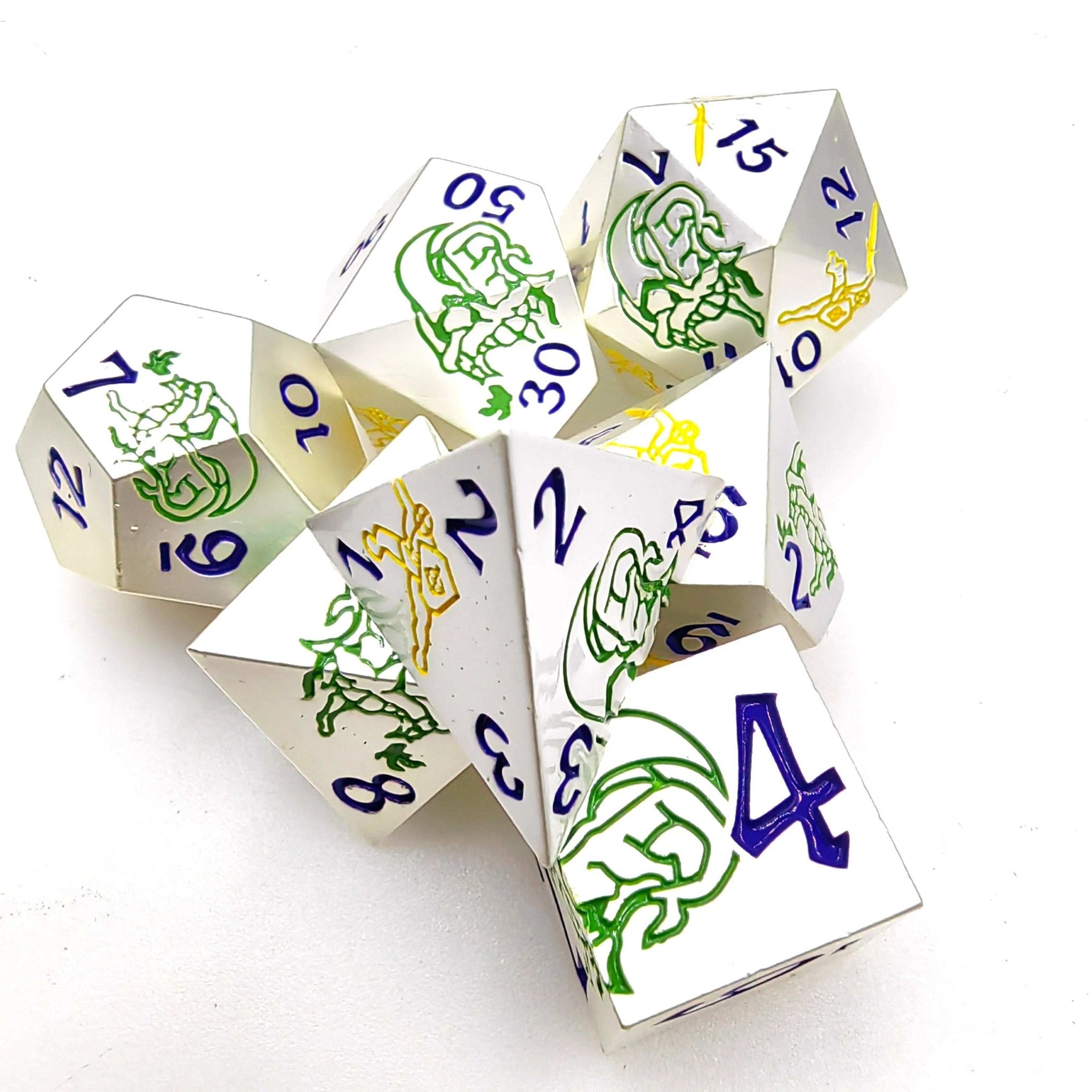 White metal dice set with yellow warrior and green dragon + blue font dnd dice