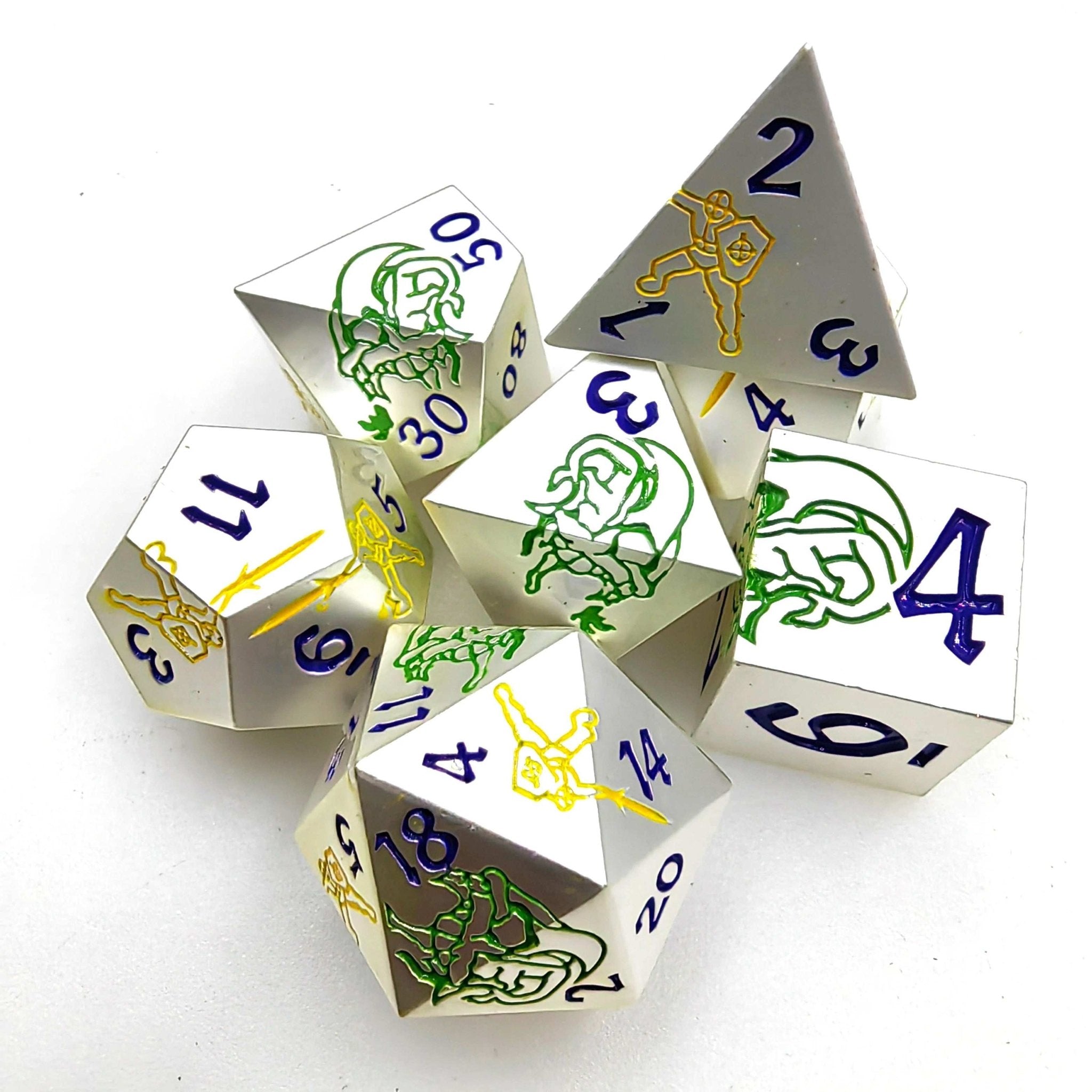 White metal dice set with yellow warrior and green dragon + blue font dnd dice