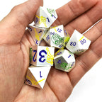 White metal dice set with yellow warrior and green dragon + blue font dnd dice
