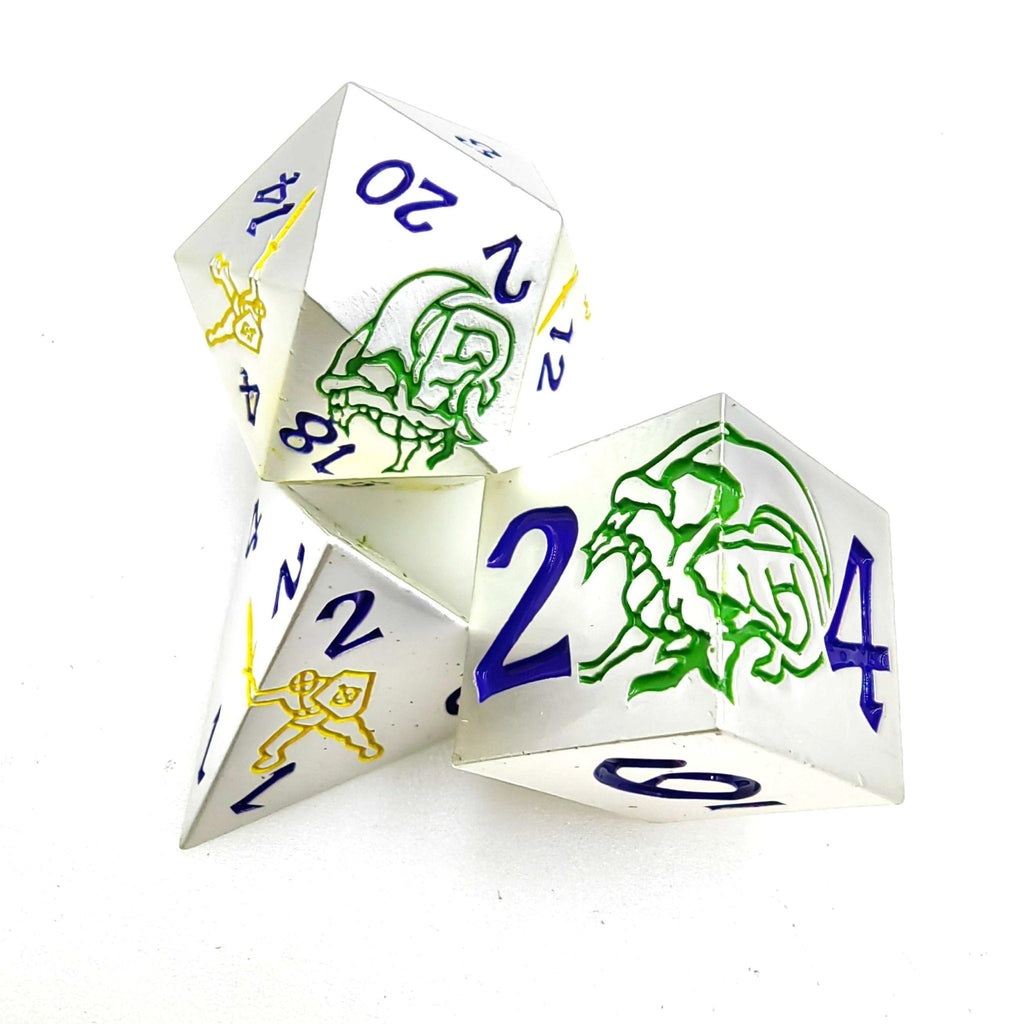 White metal dice set with yellow warrior and green dragon + blue font dnd dice