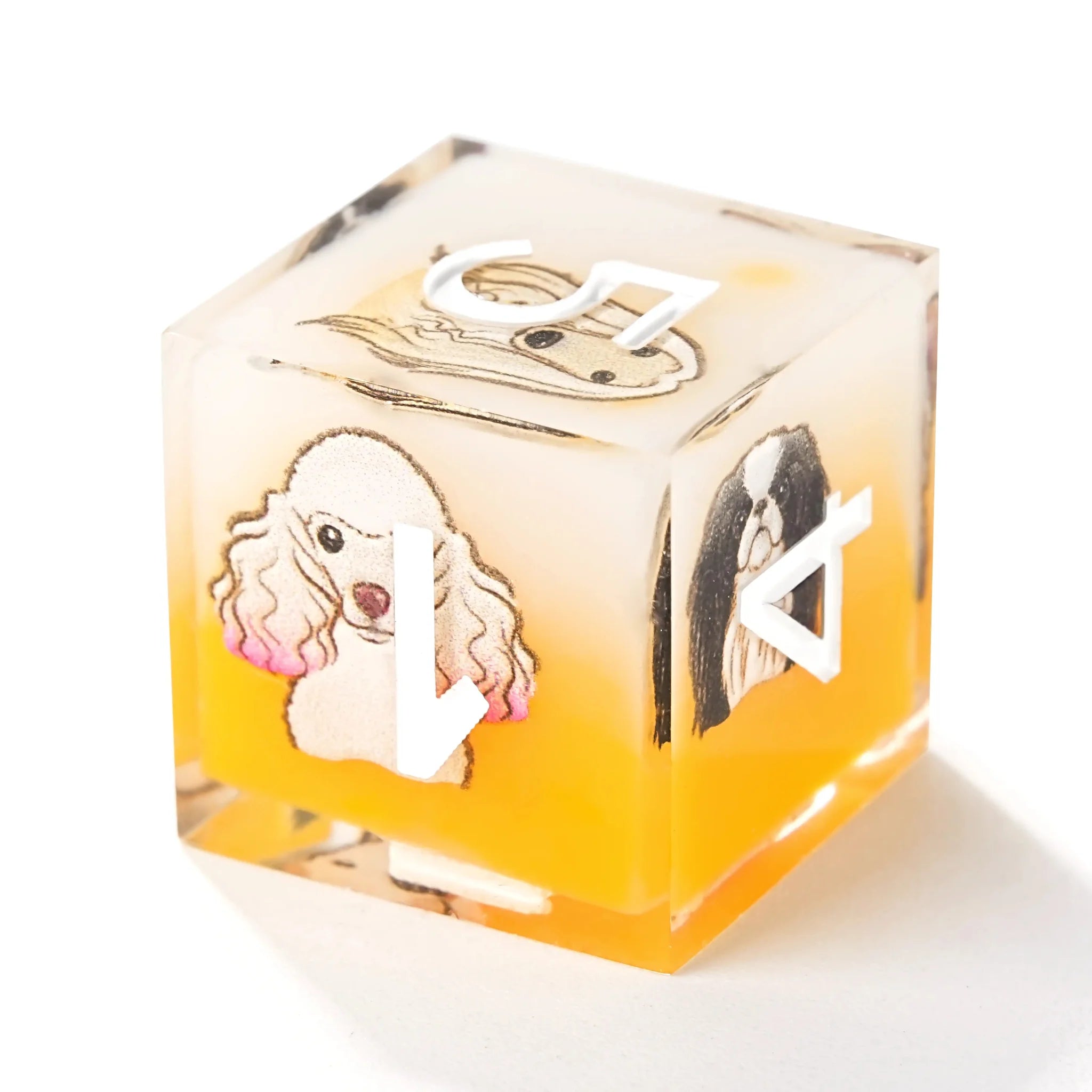 Yellow and white resin cute pet anime dog team polyhedral dice set + white numbers