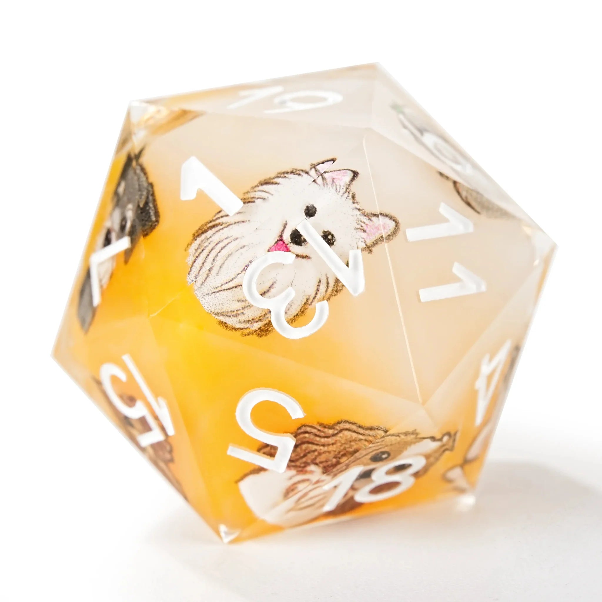 Yellow and white resin cute pet anime dog team polyhedral dice set + white numbers