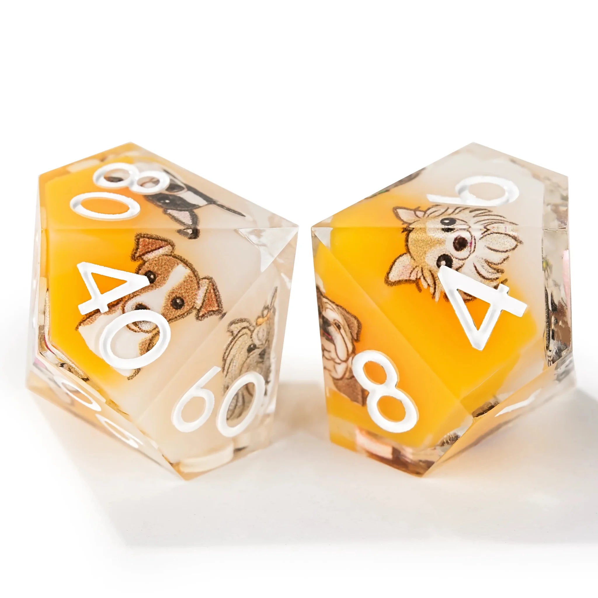 Yellow and white resin cute pet anime dog team polyhedral dice set + white numbers