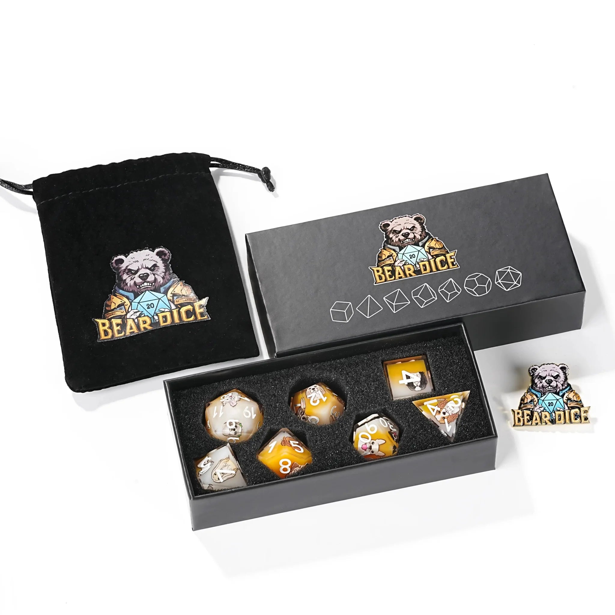 Yellow and white resin cute pet anime dog team polyhedral dice set + white numbers