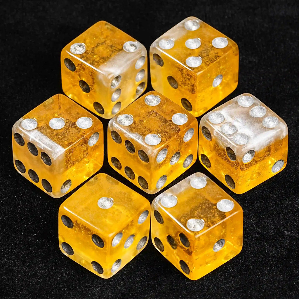 Yellow beer resin silver dots 7xD6 dice set