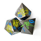 Yellow Dragon and Warrior Black Metal Solid DND Dice Set + Blue Font