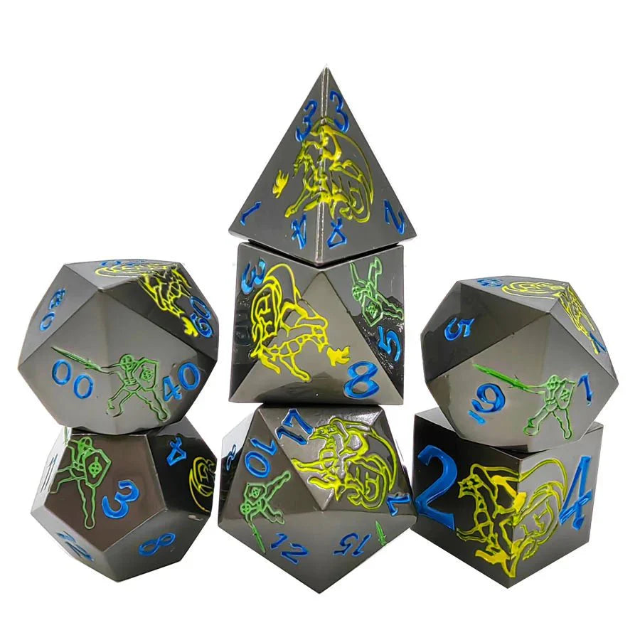Yellow Dragon and Warrior Black Metal Solid DND Dice Set + Blue Font