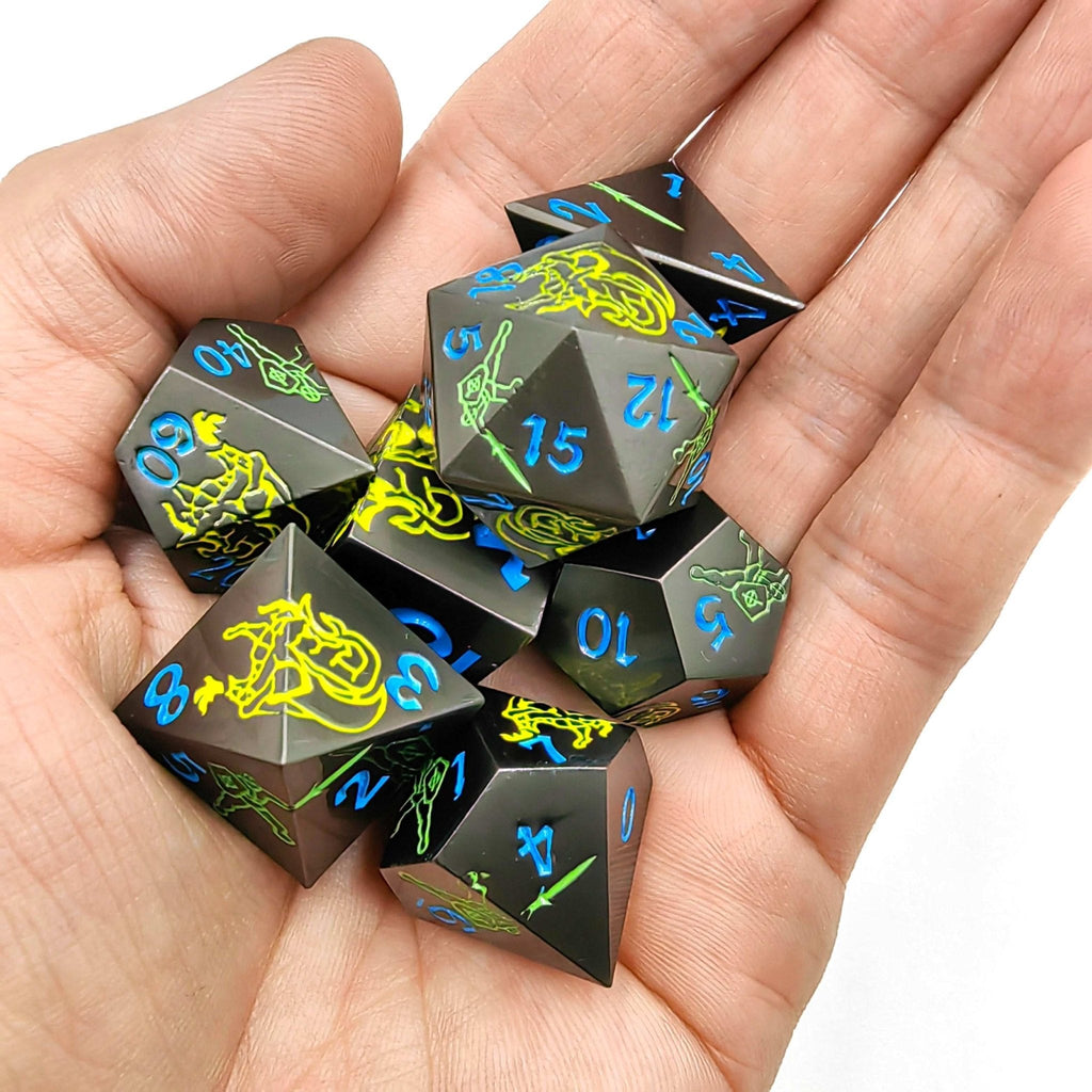 Yellow Dragon and Warrior Black Metal Solid DND Dice Set + Blue Font