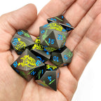 Yellow Dragon and Warrior Black Metal Solid DND Dice Set + Blue Font