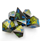Yellow Dragon and Warrior Black Metal Solid DND Dice Set + Blue Font