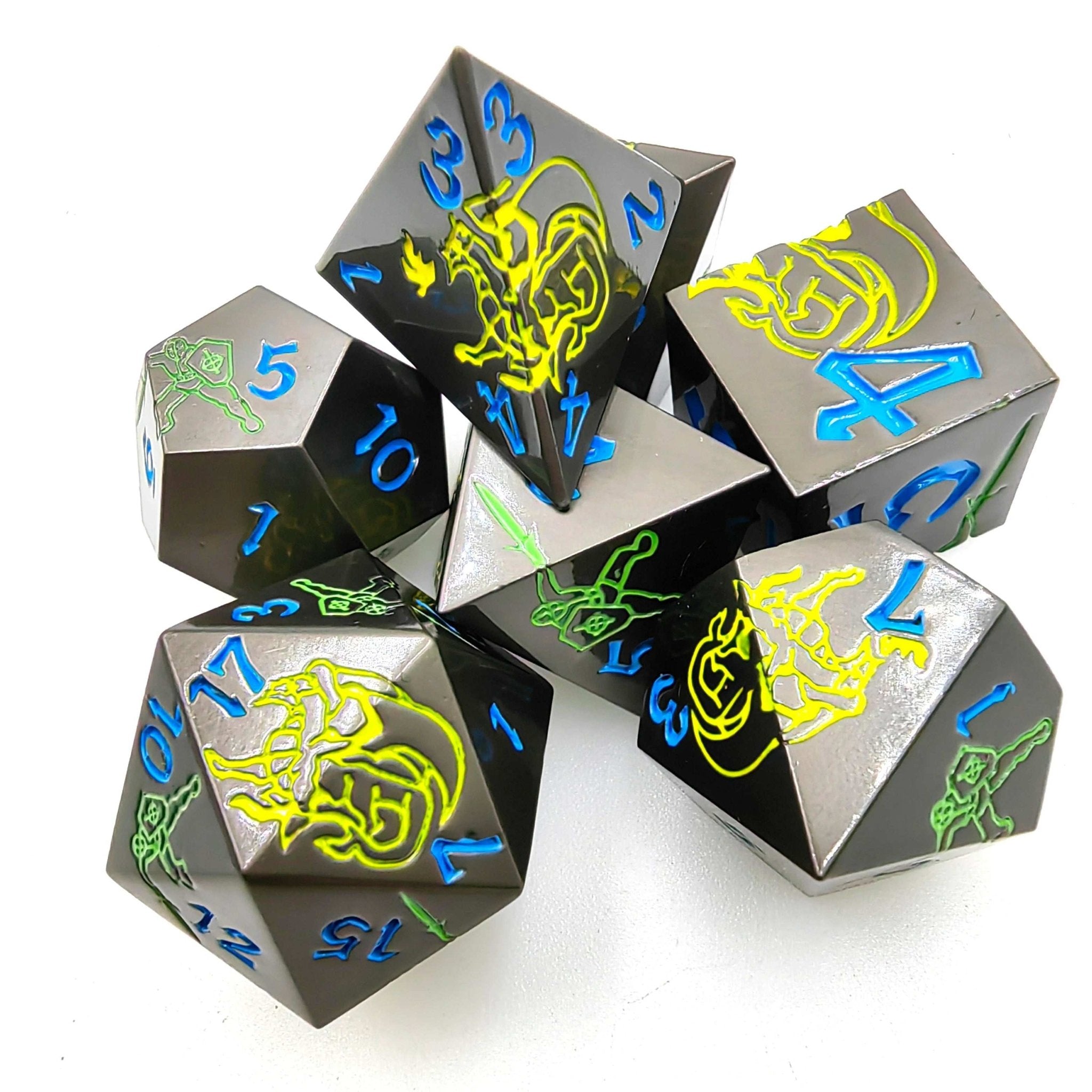 Yellow Dragon and Warrior Black Metal Solid DND Dice Set + Blue Font
