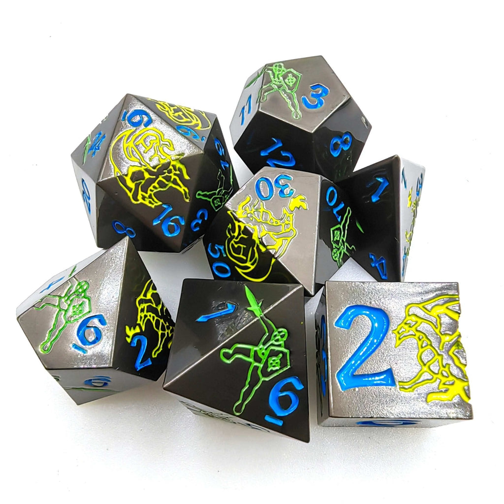 Yellow Dragon and Warrior Black Metal Solid DND Dice Set + Blue Font